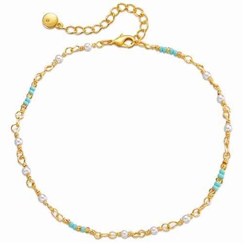 JDGEMSTONE Handgemachte Rund Perle Fußkette,Boho Fußkettchen,Perlen Fussketten für Frauen,Fusskettchen Gold 585 Echtgold,Blau Fußkettchen für Damen,Mädchen,Strand Accessoires,Designer Fußkettchen