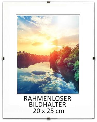 MG Design Cadre photo sans cadre | 20x25cm | Verre acrylique | avec clips | Porte-photo pour affiches photos | Cadre d'affiche | plusieurs tailles | bon pour salon, salle à manger, cuisine