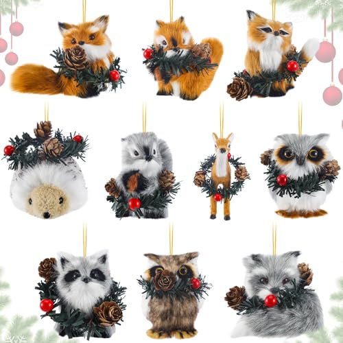 ShinyRelief 10 Pcs Woodland Animal Christmas Ornaments - Natural Faux Woodland Animal Hanging for Christmas Tree Rustic Forest Ornaments for Xmas Home Hanging Gifts Party