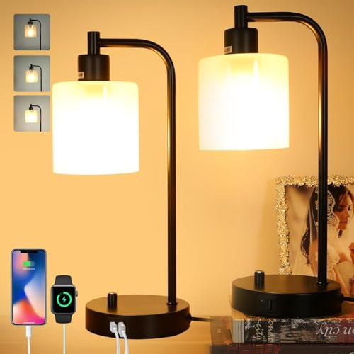 MIAOLIAN Bedside Lamps Set of 2,Dimmable Table Lamps with Eye-Caring Frosted Glass Shade for Bedrooms,USB Outlets Charging Port,Nightstand Industrial LED Desk Lamps for Reading Living Room Office