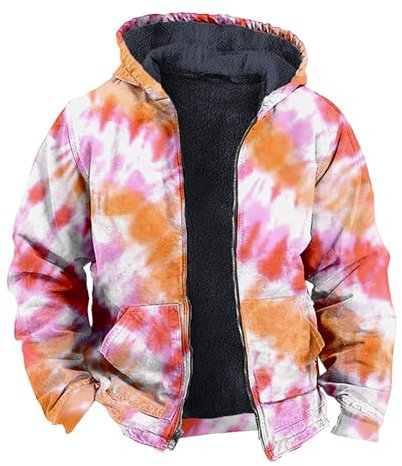 unbekannt Giacca in pile da uomo con stampa batik, invernale, casual, a maniche lunghe, con cerniera, doppia tasca, cappuccio, giacca in pile mezza cappotto uomo, Rosa-B., XL