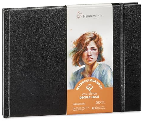 Hahnemühle Watercolour Book Deckle Edge, Aquarellbuch mit gerissenen Rändern, 100% Baumwolle, 250 g/m², matt, 30 Blatt/60 Seiten (ca. 15,3x10,3 cm/Landschaftsformat)