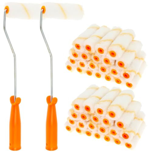 60 Stück Farbroller 10cm mit 2 Farbroller Bügel Abnehmbare Farbroller Set Klein Polyester Malerwalze zum Lackieren Sie Möbel Fensterbänke Fensterrahmen Türrahmen