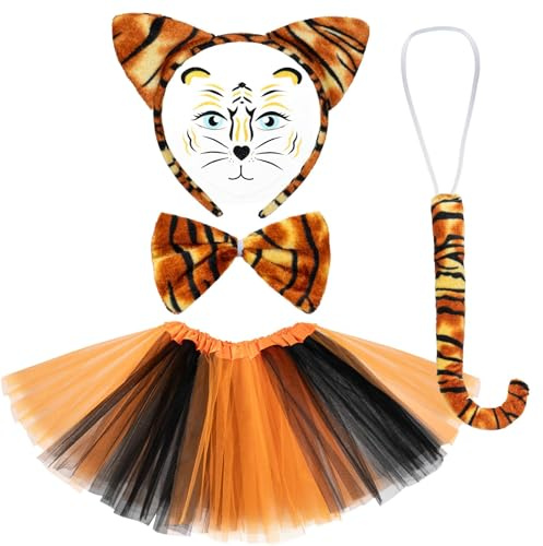 LXONTSG Tiger Kostüm Cosplay Karneval Party Kostüm mit Ohren Stirnband Fliege Rock Tattoos Set für Erwachsene Kinder