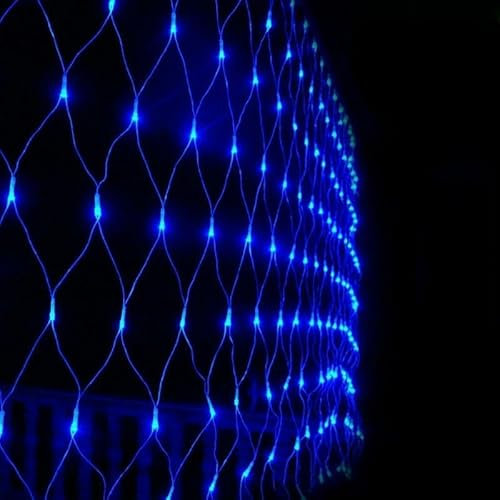 DINOWIN Lichternetz Außen Batteriebetrieben 1.5x1.5M 96LED Garden Net Lichter 8 Modi Dekoration Beleuchtung Wasserdicht Netz Lichtervorhang für Halloween Weihnachten Hochzeit Party (Blau)
