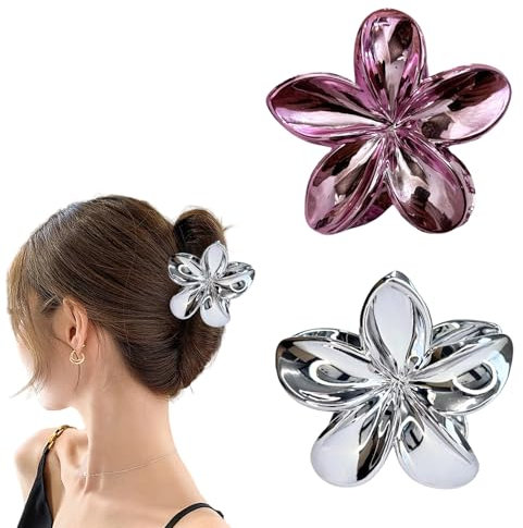 RYMAUP 2 Pezzi Fermagli Per Capelli Floreali Argento Y2K Fermagli Fiore Hawaiano, Grandi Fermagli Per Donne E Ragazze, Accessori Per Capelli Con Effetto Metallico, Accessori Clean Girl