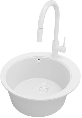 PRIMAGRAN Fregadero Granito Circular Todo Blanco 50x50cm, Fregadero Cocina 1 Seno + Sifón + Grifo 40x20cm, Fregadero sobre encimera al mueble 45cm - Pisa