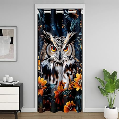 Loussiesd Eule Türvorhang 86x203cm 3D Druck für Kinder Mädchen Jungs Erwachsene Wild Tier Isolierter Wärmevorhang Vorhang Gelbe Blume Zimmer Divider