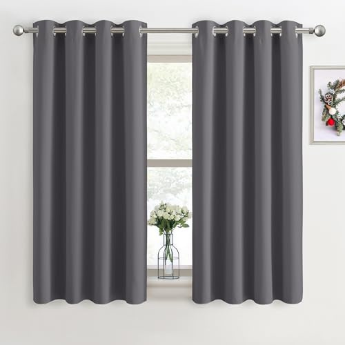 PONY DANCE Blackout Eyelet Curtains, Grey, 2 Panels, 46 x 40 Inch | Thermal Insulated 40 Inch Drop Curtains for Small Windows, Super Soft Room Darkening Drapes for Nursery, Kitchen or Study