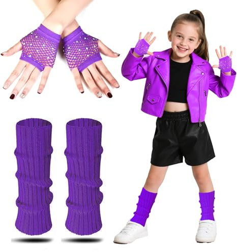 AffeGifts Stulpen Pink Kinder, 80er Jahre Stulpen Kinder mit Neon Fishnet Handschuhe Warme Strickbeinwärmer 80er Kostüm Zubehör Set für Mädchen Fancy Kleid 1980er Themenparty (Lila)