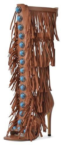 Richealnana Women's Fringe Studded Jewel Zipper Open Toe Knee High Sandals Stilettos Tassel Shoes For Party Prom Brown US 8
