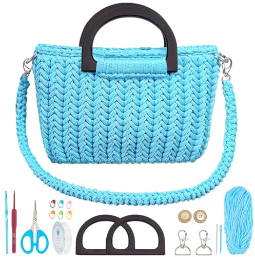 WEBEEDY DIY Häkeltaschen Set Für Anfänger Vollständiges Handgefertigtes Strickset Für Eine Tasche Mit Garn Häkelnadeln Holzgriffe & Video Tutorial Weihnachtshandtasche (Blau)