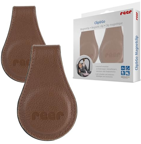 reer Clip&Go Magnetclip für Kinderwagen & Babyschalen | 2er-Set zum Befestigen von Mulltüchern & Spielzeug | starker Halt ohne Haken oder Klettverschluss | braun
