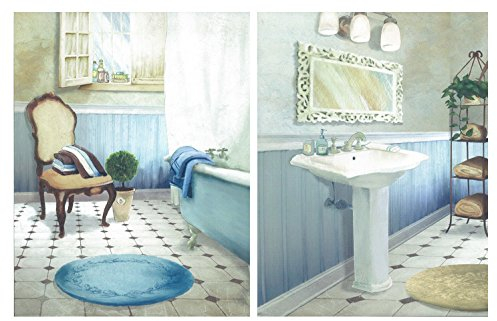 Cuadro Decorativo de baño en Tonos Azules Set de 2 Cuadros de 19 cm x 25 cm x 4 mm unid. Adhesivo FÁCIL COLGADO. Adorno decorativo. Decoración pared hogar