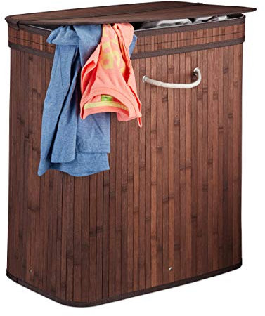 Relaxdays Wäschekorb Bambus, rechteckiger Wäschesortierer, 2 Fächer, mit Klappdeckel, platzsparend faltbar, 95 l, braun, 63 x 55 x 35 cm