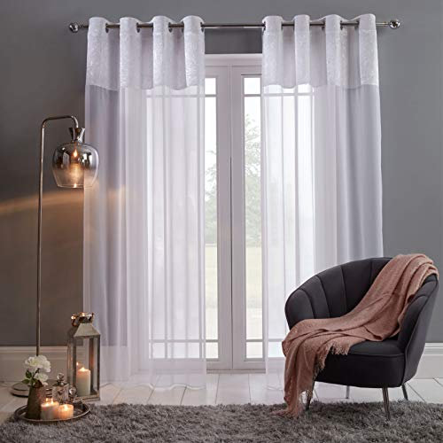 Sienna - Coppia di tende per finestra, in tulle con pizzo, parte superiore con occhielli, bianco puro, 100% voile di poliestere e velluto riccio, 140 x 226 cm