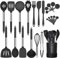 Fungun Juego de utensilios de cocina de silicona, 24 piezas antiadherentes de cocina con soporte, mango de acero inoxidable resistente al calor, juego de utensilios de cocina (negro oscuro)