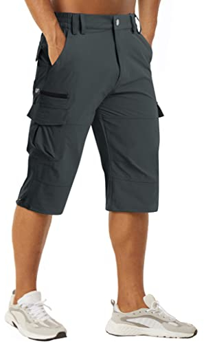 MAGCOMSEN Herren Cargo Shorts 3/4 Outdoor Sommerhose Multi Taschen Leicht Capri Hose Herren Atmungsaktiv Radhose Atmungsaktiv Kurz Arbeitshose mit Stretchbund Dunkelgrau 32