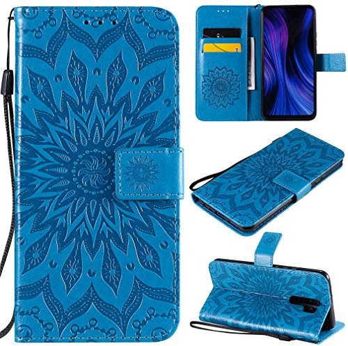 CHcase Cover per Xiaomi Redmi 9 Custodia Portafoglio a Libro in Pelle Flip Cover con Porta Carte, Chiusura Magnetica Case Antiurto Bumper Fiore Girasole per Xiaomi Redmi 9 - Blu