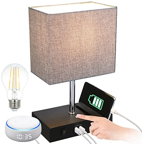 Tomshine USB Table Lamp,Touch Control Bedside Lamp with 2 Fast Charging USB Ports,Grey Dimmable Nightstand Lamp with 2 Phone Stand for Bedroom, Living Room,Study (Bulb Included)