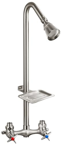 Aolemi Outdoor-Dusch-Set, Außenduscharmaturen, Wasserhahn-System mit Messing-Duschkopf, Doppelgriff, freiliegende Dusche mit Messing-Mischventil, 15,2 cm Mitte mit Seifenschale, Rohr nach oben,