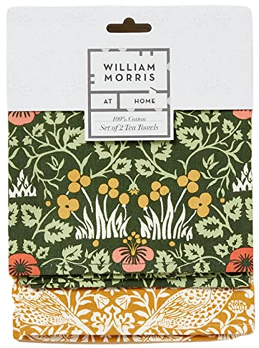 William Morris At Home Kitchen Tea Towels, 100% Cotton Luxury Set of 2 Cloths With Hanging Loop, Machine Washable on Low Heat, Strawberry Thief Prints, Gift For Home Lover, 65 x 44.5cm