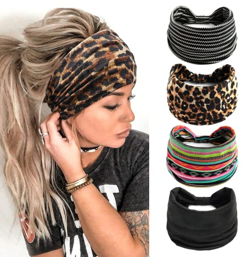 Stirnband Damen Breite Elastische Weiche Boho Haarbänder Leopard Print Haarschmuck Yoga Sport Haarband Mehrfarbig Haarreifen Damen(A)