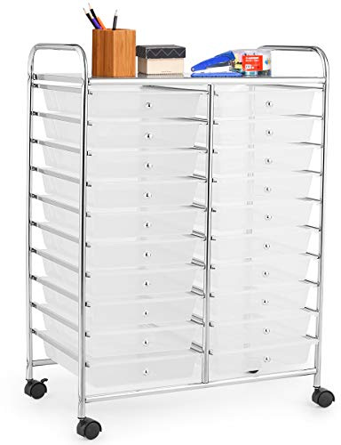 DREAMADE Rollwagen mit 20 Abnehmbaren Schubladen, Schubladen Rollwagen, Beistellwagen Schubladen Schrank mit feststellbaren Rollen, Metallgestell, für Büro Küche Wohnzimmer Studio Garage (Transparent)