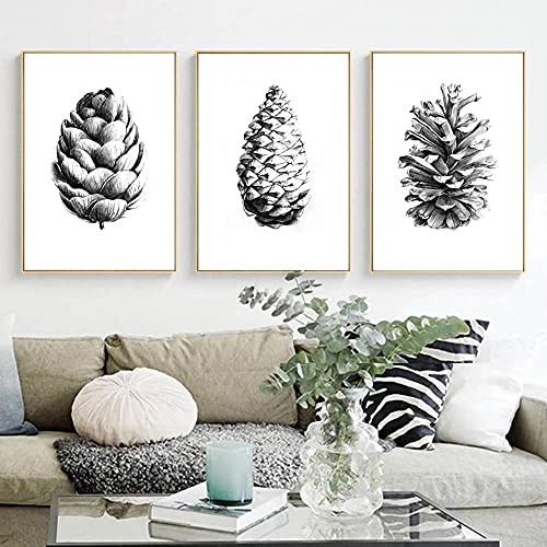 marca generica Leinwand Malerei Poster Schwarz-Weiß-Skizze Handgemalte Tannenzapfen Wandkunst Bild Wohnkultur Ungerahmt-40x50cmx3