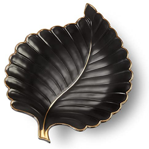 Ceramic Jewelry Trays Trinket Plate Ring Plate Candy Snack Leaf Shaped Dish (Black, Medium)