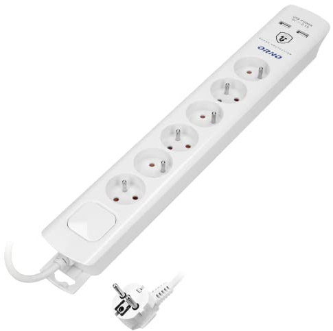 ORNO AE-13163/3M Multiprise Electrique avec Parafoudre à 6 Prises Câble de 3 m Interrupteur et 2 Ports USB (Blanc)