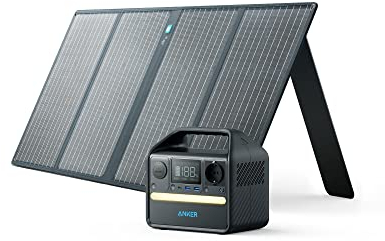 Anker 521 Tragbare Powerstation mit 1 * 100W Solarpanel, 256Wh Powerhouse, 5 Anschlüssen, 300W Leistung (Max. 600W), 230V Steckdose, 60W USB-C PD, für Outdoor