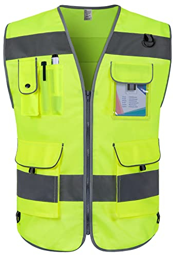 Graunton Hi Vis Vests for Men Women 9 Pockets High Visibility Safety Vest, High Vis Vest with Reflective Strips, Meets ANSI/ISEA Standards, (UK-Yellow, Large)