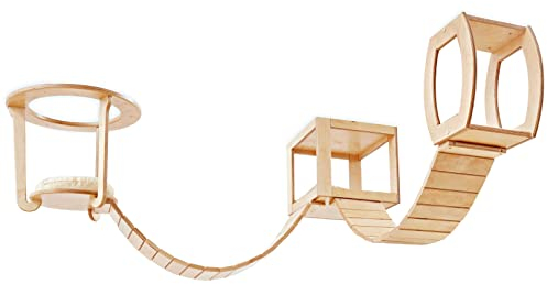 Universal Wood Ceiling Cat Furniture with Connector Cat Tower Shelves & Bridge, Natural Hanging Cat Climbing Frame with Sleeper for Cats, Indoor Modular Cat Tree Tower Ceiling Mounted