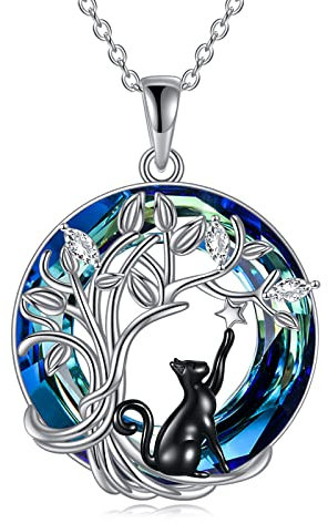 VONALA Black Cat Necklace for Women Sterling Silver Tree of Life Jewellery for Women Blue Crystal Moon Cat Necklace Cat Gifts for Cat Lovers