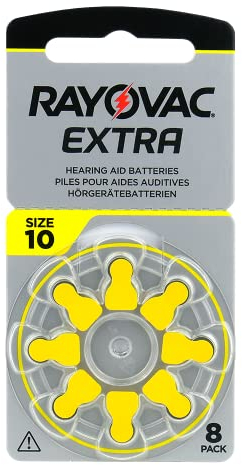 Rayovac 10AUX-8XEMF Extra 10 Lot de 8 Piles Zinc-air pour appareils auditifs, Haute Performance, 1 Carte Blister, Jaune