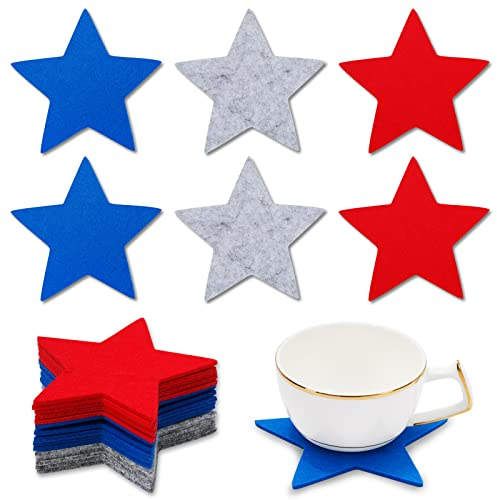 Whaline 15-teiliges Stern-Filz-Untersetzer-Set, rot, blau, grau, Stern, patriotisch, rutschfest, saugfähig, Untersetzer für 4. Juli, Tischschutz, Einweihungsgeschenke, patriotische Heimdekoration