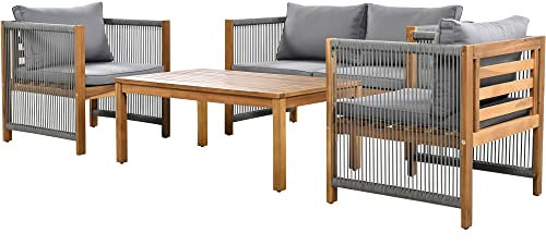 Loungeset, Gartenmöbel Set, mit bequemem Kissen, Sitzgruppe, Sitzgarnitur Terassenmöbel, Doppelsofa,2 Sessel und Tisch, Outdoor, Tisch und Stühle, Rattenoptik, Akazie, grau