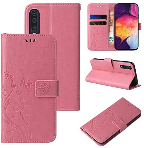 LBH Handy Hülle für Samsung Galaxy A50 Case Handytasche Schmetterling Blumen Flower Standfunktion Schutzhülle Magnet Rundum Schutz 360 Grad Flipcase Cover Rosegold