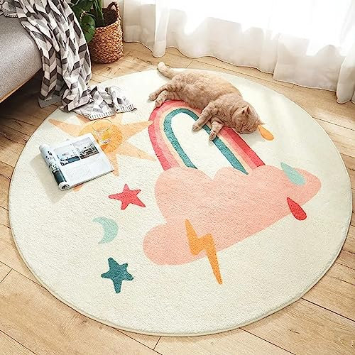 Rururug Tapis Chambre Enfant Bebe Fille Garcon Rond Ø 70 cm Dessin animé, Rose, Arc-en-Ciel, Lune, étoile Tapis Rampant pour Bébé Grand Tapis Doux Petite Chambre d'enfant Salon