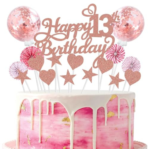 SNOWZAN Happy 13th Birthday Tortendeko Rosegold 13 Jahre Mädchen Jungen Kuchendeko 13.geburtstag Cake Topper Tortendeko 13 Geburtstag Mädchen Tortendeko Rosa Stern Herz Für 13. Geburtstag Kuchen Deko