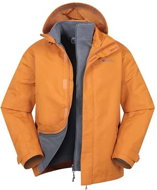 Mountain Warehouse Fell Mens 3 in 1 Water Resistant Jacket - Adjustable Coat with Packaway Hood, Detachable Inner Fleece & Many Pockets - For Hiking & Outdoors Burnt Orange 2XL