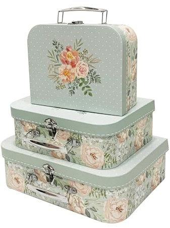Emartbuy Pastel Green Flower Bouquet Suitcase Boxes Set of 3 – Prebuilt Cardboard Build with Metal Handle & Clasp – Organizer for Gifts & Hampers – 30.2×21.9×9.5/25×18.8×8.8/20.2×16×8.2 cm