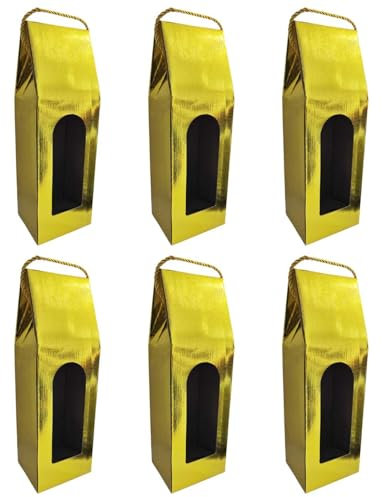 Tradineur - Pack de 6 cajas plegables de cartón para botella de vino, incluye asa de cuerda, guardar, regalar, envolver champán, Navidad (Dorado brillo - 36 x 12,5 x 8,5 cm)