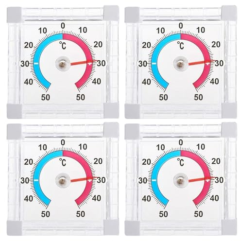 Nizirioo Termometro da finestra analogico trasparente, autoadesivo, 4 pezzi, termoigrometro, termometro per finestra, termometro esterno, indicatore della temperatura del parabrezza, scala bicolore