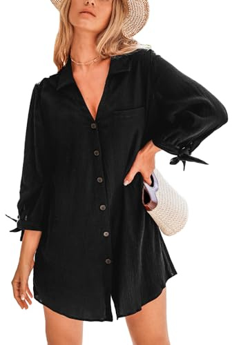 CUPSHE Women's Beach Cover Up V Neck Button Down Long Sleeve with Bow Tops Summer Beachshirt Black L