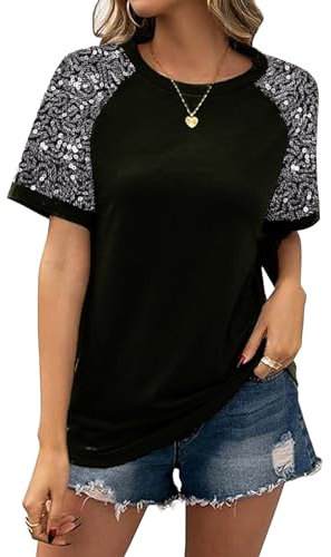 Damen-T-Shirt mit Pailletten, kurzärmelig, modisch, glitzernd, Pailletten, Party, Tops, Glitzer, Sommer, Strand, Urlaub, T-Shirt, Schwarz, Mittel