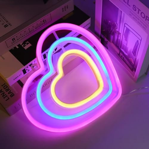 ENUOLI Heart Neon Sign,Heart Neon Light Love Heart Shaped LED Light Signs Rainbow Light Sign USB/Battery Operated Heart LED Light for Girl's Room Dorm Wedding Anniversary Day Birthday Party Decor