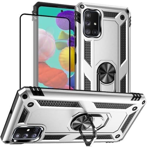 für Samsung A51 Hülle mit Schutzfolie: Doppelschicht Stoßfest Schlank Ganzkörperschutz Mit Ständer für Samsung Galaxy A51 (Silber)