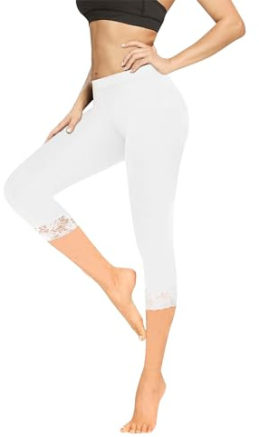Geyuwoz Leggings Damen 3/4 High Waist Capri Leggins Blickdicht Caprihose Sommer Baumwolle Leggings mit Spitze Sporthose Leggins 7/8 für Damen Yoga Gym
